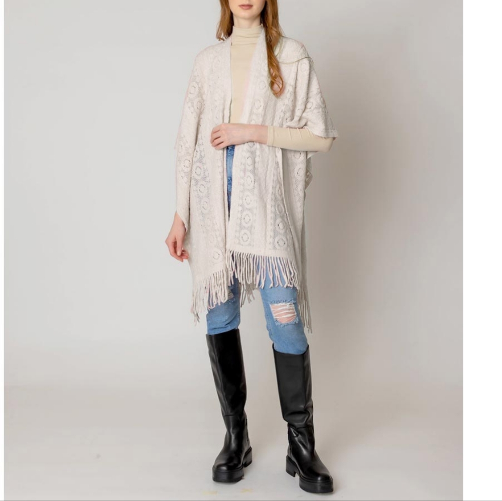 Ivory Crochet Shawl Fringe Poncho Scarf Sweater Open Front Cape Womens Wrap